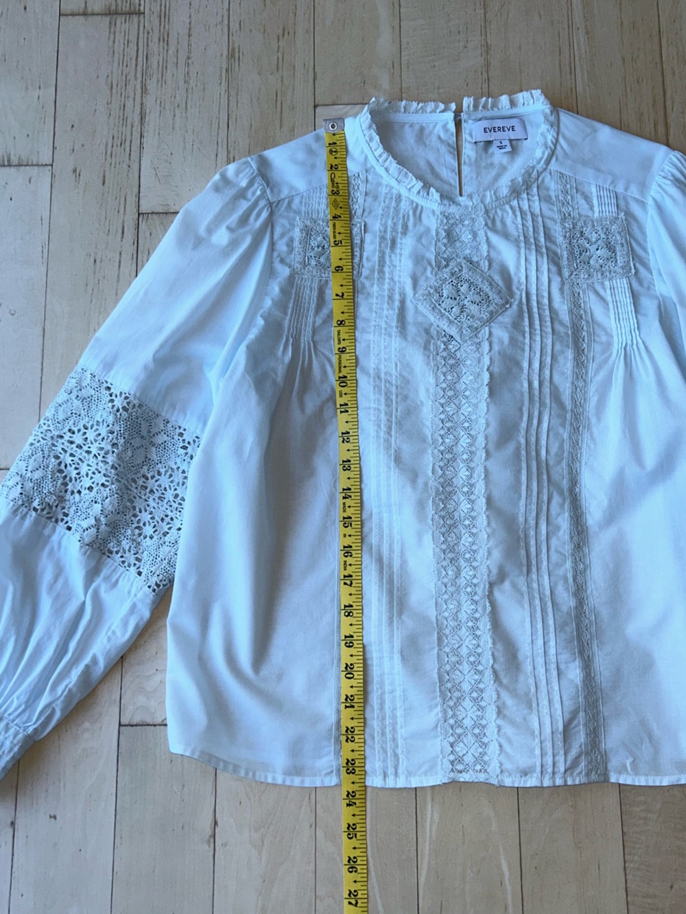 Evereve Victorian Pintuck Crochet Lace Detail Pale Blue Blouse Boho Size S EUC - Picture 11 of 16